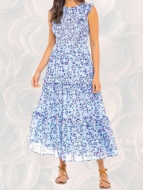Banjanan Blue Purple Floral Smocked Tiered Midi Dress Ruffle Sleeves Size S